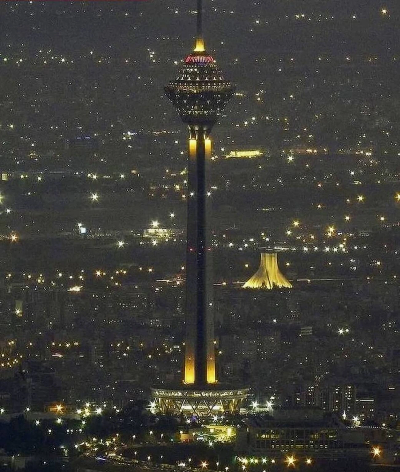 Full original photograph of Milad Tower at night in Tehran